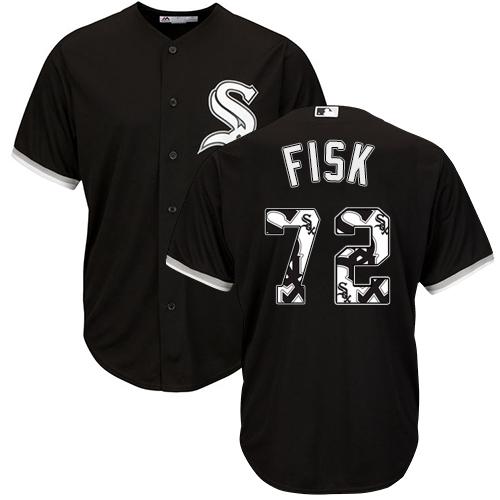 White Sox #72 Carlton Fisk Black Team Logo Fashion Stitched MLB Jersey